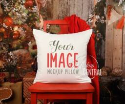 Blank White Square Mockup Christmas Pillow, Festive Chair Photo Mock Up, Throw Styled Stock Photography, Jpg Instant Download - thumbnail 1