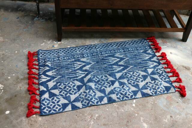 Handwoven Indigo Rug Traditional Indian Cotton Rug With Red Pom-Poms - 2x3 Ft - image 1