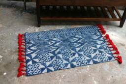 Handwoven Indigo Rug Traditional Indian Cotton Rug With Red Pom-Poms - 2x3 Ft - thumbnail 1