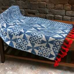 Handwoven Indigo Rug Traditional Indian Cotton Rug With Red Pom-Poms - 2x3 Ft - thumbnail 3