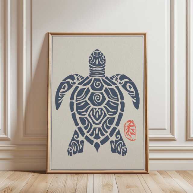 Navy Turtle Silhouette Poster - Blue Red Japanese Folk Art Print Minimalist Asian Tortoise Illustration - image 1