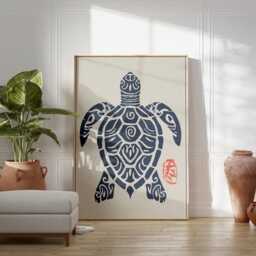 Navy Turtle Silhouette Poster - Blue Red Japanese Folk Art Print Minimalist Asian Tortoise Illustration - thumbnail 3
