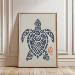 Navy Turtle Silhouette Poster - Blue Red Japanese Folk Art Print Minimalist Asian Tortoise Illustration - thumbnail 1