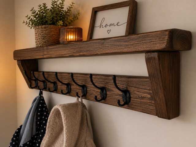 Rustic Entryway Shelf & Coat Rack - 10 Black Hooks Family Storage Solution - image 1