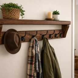 Rustic Entryway Shelf & Coat Rack - 10 Black Hooks Family Storage Solution - thumbnail 2