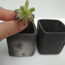 Set Of 2 Square Ceramic Succulent Planters. Small Handmade Black Pots. Minimalistic Wabi Sabi Planters - thumbnail 3