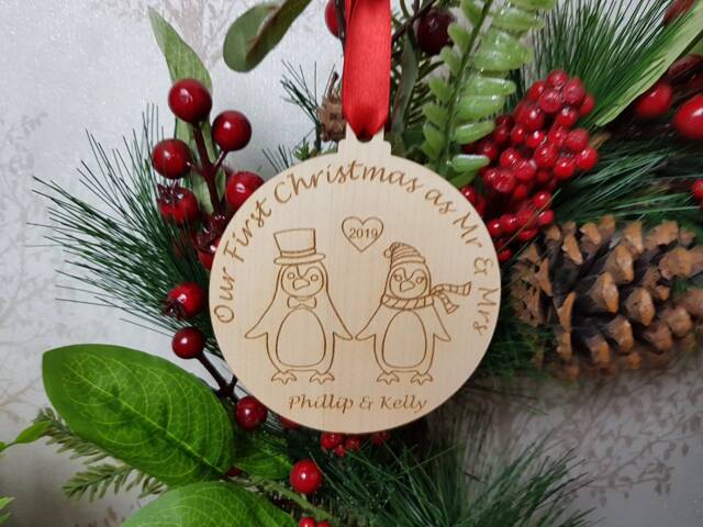 Christmas Personalised Wedding Gift, Our First As Mr & Mrs, Tree Decoration/Hanger Bauble. Newlywed - image 1