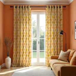 Orange Yellow Geometric Curtains, Modern Retro Pattern Custom Made Drapes, Eyelet Or Rod Pocket Panels, Mid Century Home Decor