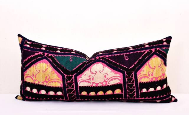 Long Suzani Pillow Cover, Embroidered Cushion, Handloom Ikat - 14x40 Inch - image 1