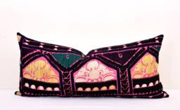 Long Suzani Pillow Cover, Embroidered Cushion, Handloom Ikat - 14x40 Inch - thumbnail 1