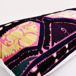 Long Suzani Pillow Cover, Embroidered Cushion, Handloom Ikat - 14x40 Inch - thumbnail 2