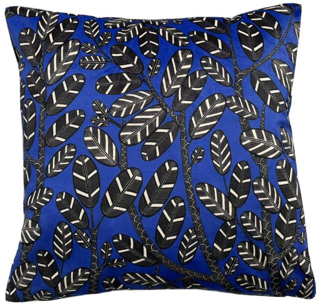 Royal Blue Velvet Cushion Cover Black Feather Leaf Printed 16-22 - image 1