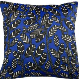 Royal Blue Velvet Cushion Cover Black Feather Leaf Printed 16-22 - thumbnail 3