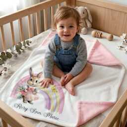 Personalised Baby Blanket With Name - Custom Bunny Rainbow Nursery Fleece Throw Toddler Gift Set - thumbnail 2