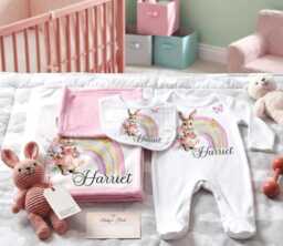 Personalised Baby Blanket With Name - Custom Bunny Rainbow Nursery Fleece Throw Toddler Gift Set - thumbnail 1