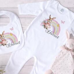 Personalised Baby Blanket With Name - Custom Bunny Rainbow Nursery Fleece Throw Toddler Gift Set - thumbnail 4