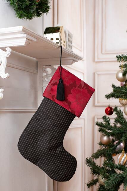 Black Christmas Stocking With Floral Burgundy Cuff - image 1