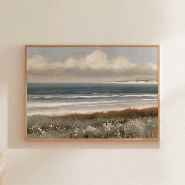 Coastal Landscape Poster, Blue Seascape Wall Art, Soft Beach Painting - image 1