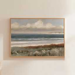 Coastal Landscape Poster, Blue Seascape Wall Art, Soft Beach Painting - thumbnail 1