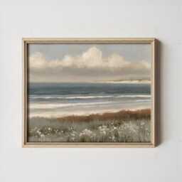 Coastal Landscape Poster, Blue Seascape Wall Art, Soft Beach Painting - thumbnail 3