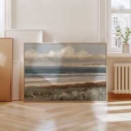 Coastal Landscape Poster, Blue Seascape Wall Art, Soft Beach Painting - thumbnail 4