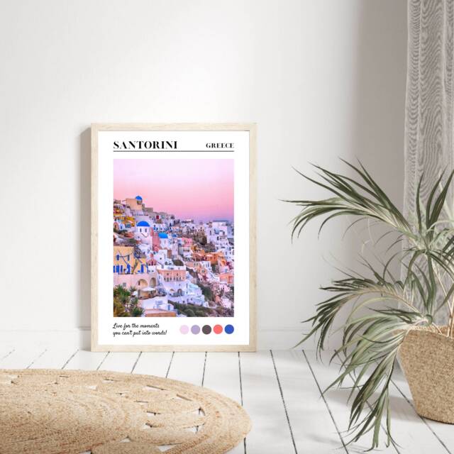 Santorini Traditional Travel Print, Greece, Poster, Coastal Modern Prints, Pastel Decor, Wedding Gift, Birthday Present - image 1