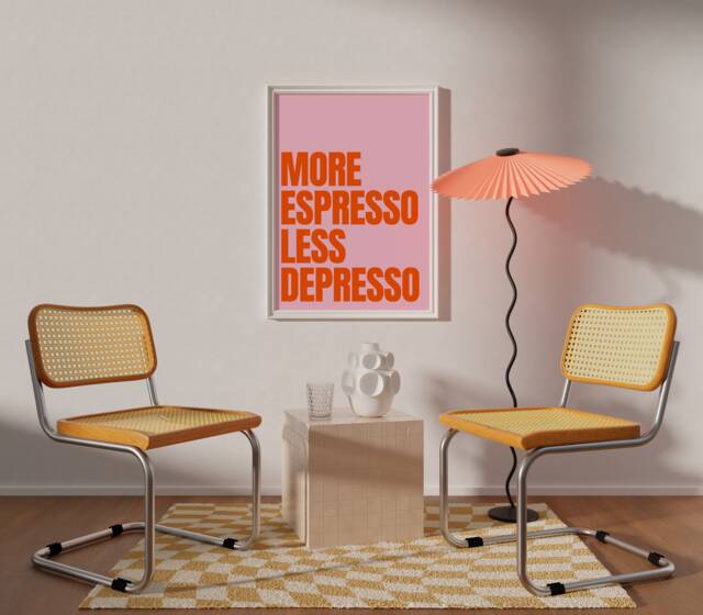 More Espresso Less Depresso Coffee Poster - Kitchen Wall Gallery Quote A3 A4 A5 Print Gift Retro Decor Art L Funny - image 1