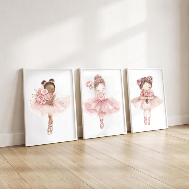 Ballerina - Ballet Nursery Prints Set Of 3 Children's Bedroom Personalised Initial Print-R Pretty Pink