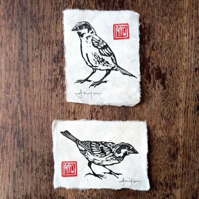 A Pair Of Sparrows - 2 Small Handmade Relief Prints These Cute, Inquisitive & Friendly Garden Birds - image 1