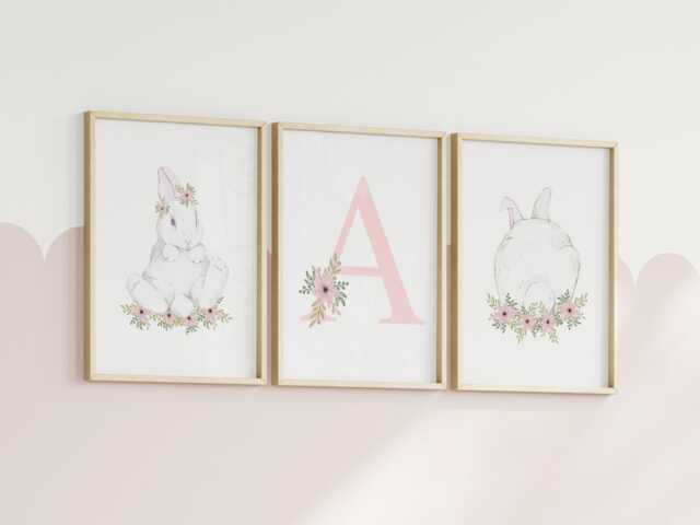 Bunny Wall Art, Set Of 3 Rabbit Prints, Personalised Nursery Decor, Girls Pink Bedroom - image 1