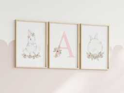 Bunny Wall Art, Set Of 3 Rabbit Prints, Personalised Nursery Decor, Girls Pink Bedroom - thumbnail 1