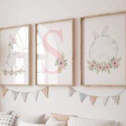 Bunny Wall Art, Set Of 3 Rabbit Prints, Personalised Nursery Decor, Girls Pink Bedroom - thumbnail 3
