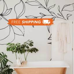 Floral Line Art Wall Mural Minimalist Black & White Peel & Stick Wallpaper - thumbnail 1
