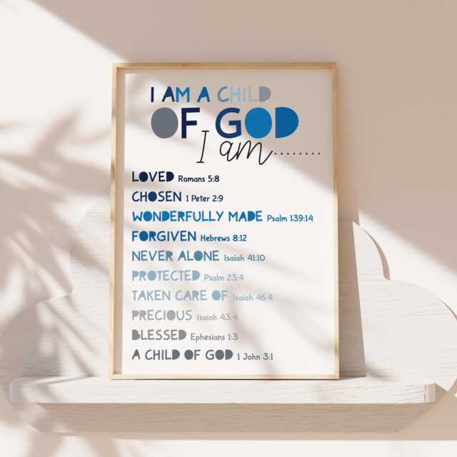 Boys Christian Wall Art, Nursery Print, Bedroom, Blue & Green, Baby Gift, Child Of God, God Say I Am, Jesus - image 1