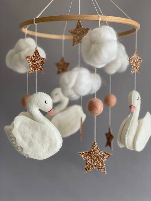 Baby Mobile Swans, Nursery Crib Animals, Baby Girl - image 1