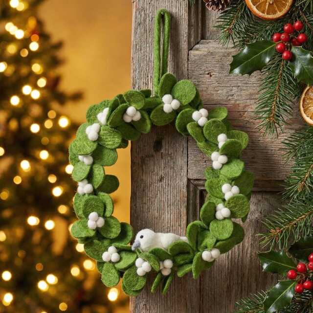 Mistletoe Wreath With Dove Handmade Felt Fair Trade Christmas Decoration - image 1