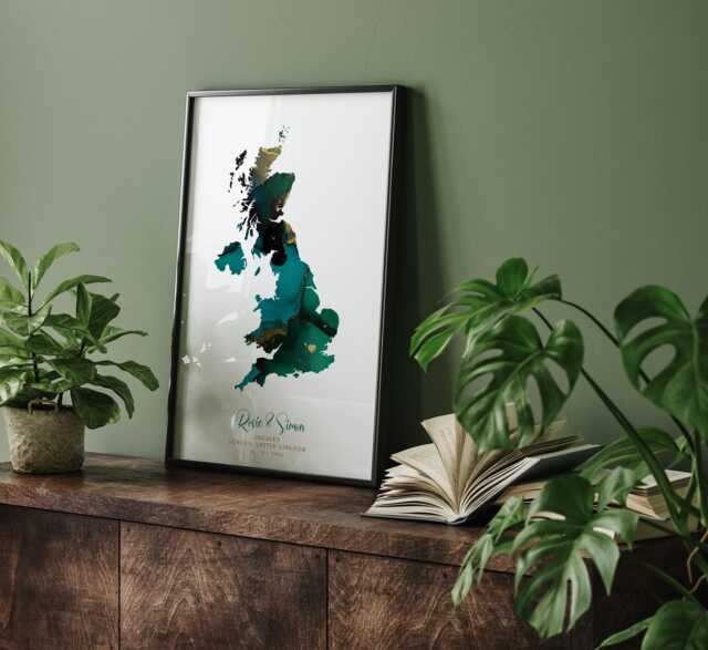 Engagement Gift - Personalised Map Print For Engaged Couples Present New Couple Emerald Green & Gold - image 1