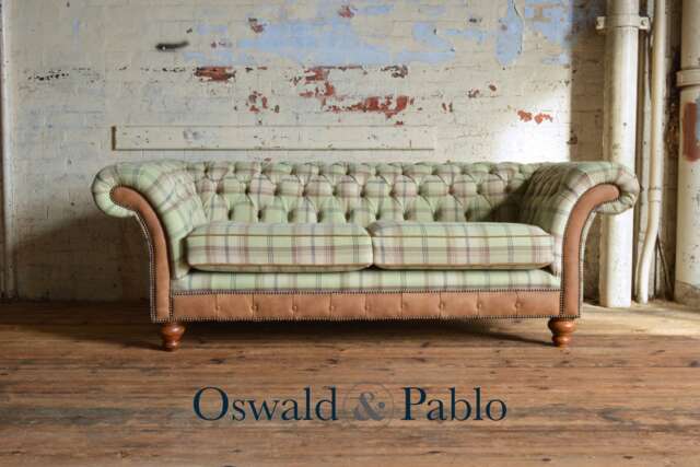 British Handmade 3 Seater Mint Green Beige Tartan Check Wool Chesterfield Sofa - Distressed Tan Leather Details - image 1