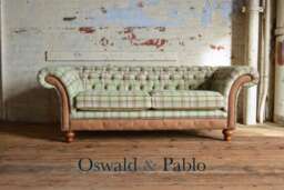 British Handmade 3 Seater Mint Green Beige Tartan Check Wool Chesterfield Sofa - Distressed Tan Leather Details - thumbnail 1