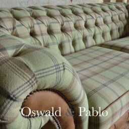 British Handmade 3 Seater Mint Green Beige Tartan Check Wool Chesterfield Sofa - Distressed Tan Leather Details - thumbnail 4