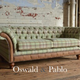 British Handmade 3 Seater Mint Green Beige Tartan Check Wool Chesterfield Sofa - Distressed Tan Leather Details - thumbnail 2