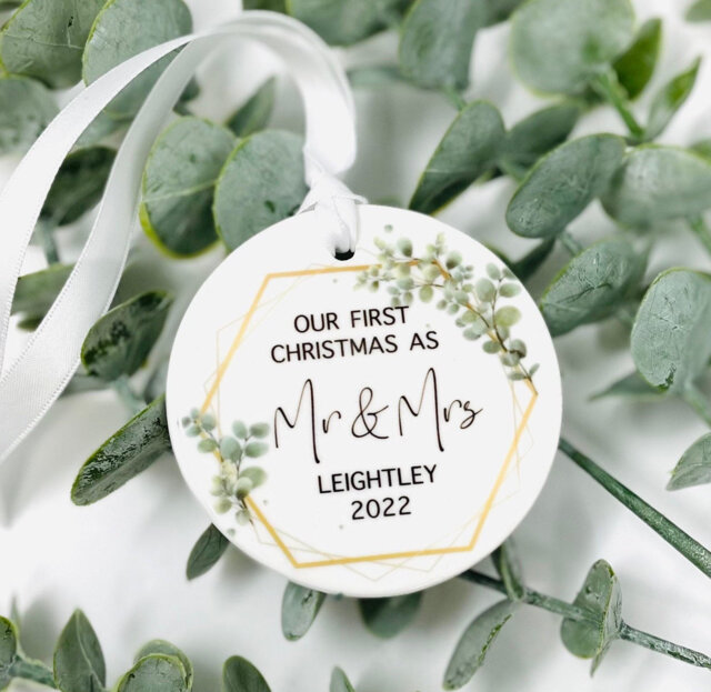 First Christmas As Mr & Mrs Personalised Ceramic Bauble 1st Xmas Gift Decor Wedding Day Gift, New Home - image 1