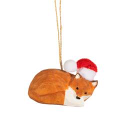 Wooden Fox Wearing Santa Hat Christmas Tree Decoration - Festive Winter Wonderland Nature Animals Traditional Red Gift Family - thumbnail 1