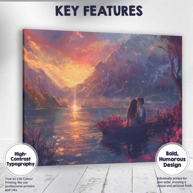 Romantic Sunset Lake Boat Couple Scenic Landscape Canvas Wall Art Print Decor Picture Ready To Hang - image 1