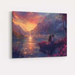 Romantic Sunset Lake Boat Couple Scenic Landscape Canvas Wall Art Print Decor Picture Ready To Hang - thumbnail 4