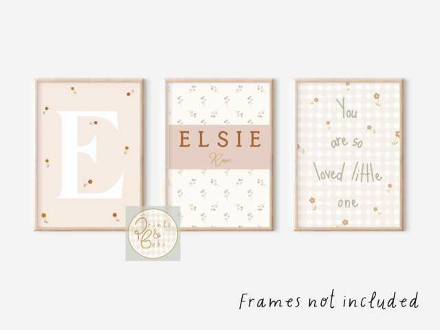 Set Of 3 Personalised Floral, Gingham & Wildflower Prints in A Blush Pink Rust Colour Palette - Unframed - image 1