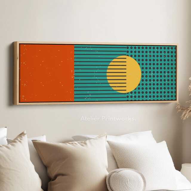 Retro Modern Sun Teal Orange & Yellow Long Panoramic Geometric Wall Art Framed Canvas For Living Room Decor - image 1