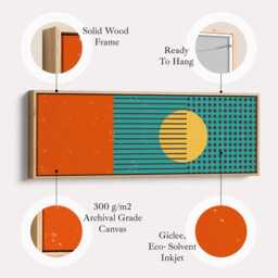 Retro Modern Sun Teal Orange & Yellow Long Panoramic Geometric Wall Art Framed Canvas For Living Room Decor - thumbnail 2