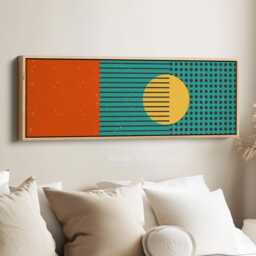 Retro Modern Sun Teal Orange & Yellow Long Panoramic Geometric Wall Art Framed Canvas For Living Room Decor - thumbnail 1