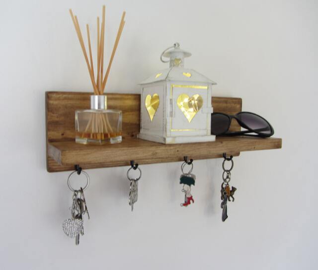 Rustic Waxed Wood Key Holder With Shelf/Entryway Rack Kitchen Organizer - image 1